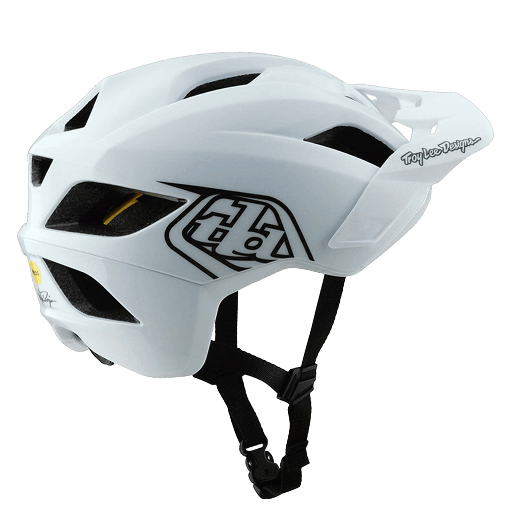 Der Troy Lee Designs Flowline Helm ist ein weißer Mountainbike-Helm mit schwarzen Riemen, Belüftungslöchern, geometrischer TLD-Grafik, Logo-Details und MIPS B-Serie Schutz - perfekt für E-Bike-Abenteuer.