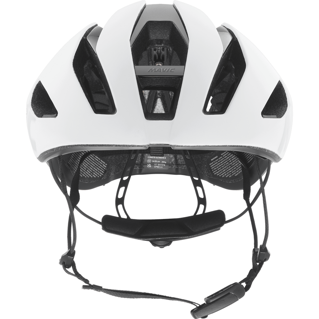 Der Mavic - Comete Ulti 2 Mips ist ein weißer Fahrradhelm mit schwarzen Lüftungsschlitzen, Kinnriemen und einer verstellbaren Schnalle. Windkanal getestet für optimalen Luftstrom, er verfügt über das "Mavic" Logo in der vorderen Mitte.