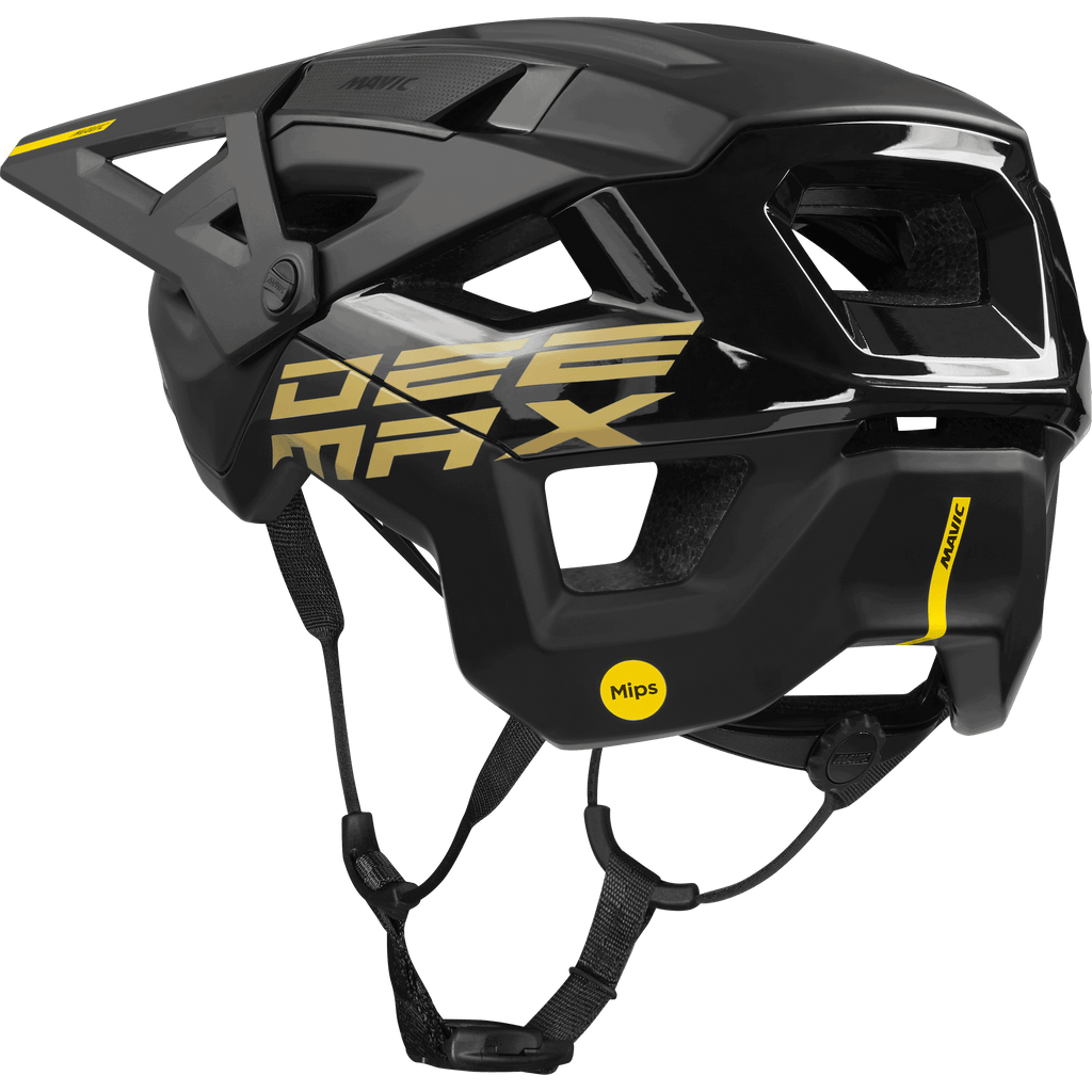 Trail-Helm von Mavic mit "DEE MAX" an der Seite, großen Belüftungsöffnungen, verstellbarem Visier, Kinnriemen und optionalem MIPS-Schutz für mehr Sicherheit.