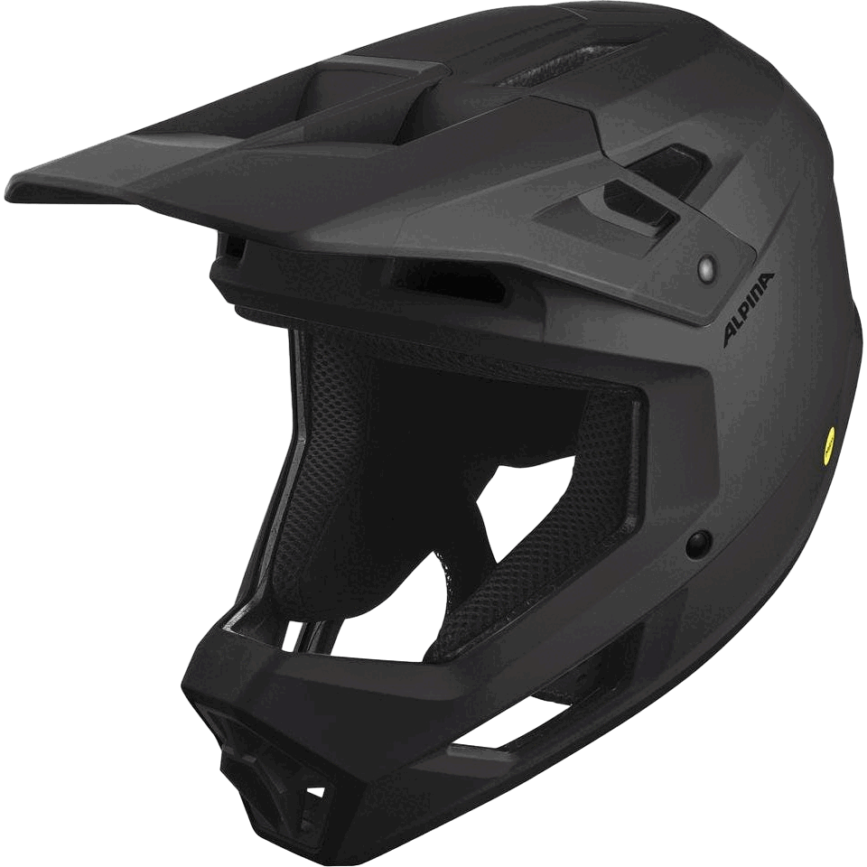 Der Alpina - Pikes Mips ist ein mattschwarzer Integralhelm für Downhill-Fahrten mit Visier, großen Belüftungsöffnungen, MIPS®-Technologie und Alpina"-Branding an der Seite.