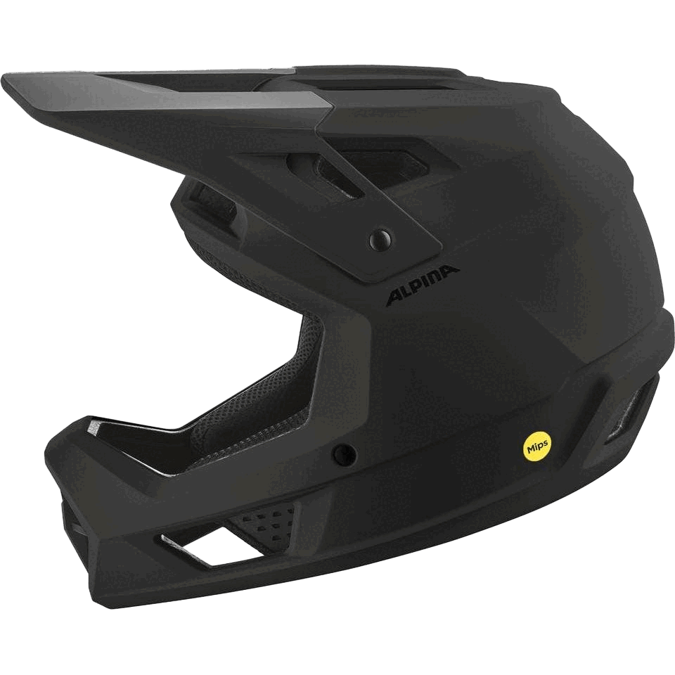 Der Alpina - Pikes Mips ist ein mattschwarzer Fullface-Helm für Downhill-Fahrten, der mit einem Visier, seitlichen Belüftungsöffnungen und einem gelben MIPS®-Sicherheitslabel an der Rückseite ausgestattet ist.