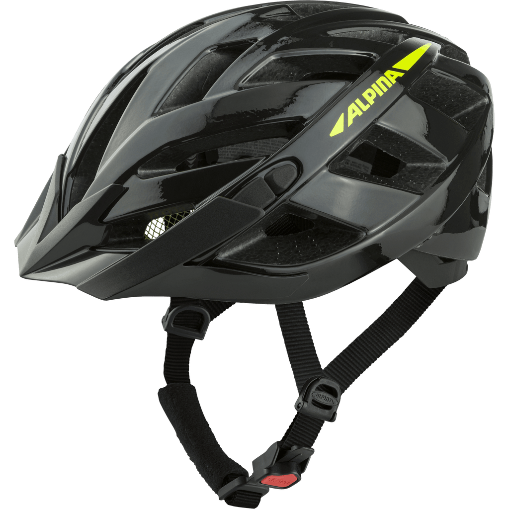 Der Alpina Panoma 3.0 ist ein glänzender schwarzer City-Helm mit gelbem ALPINA-Branding, mehreren Lüftungsschlitzen und einem verstellbaren Kinnriemen mit roter Schnalle.