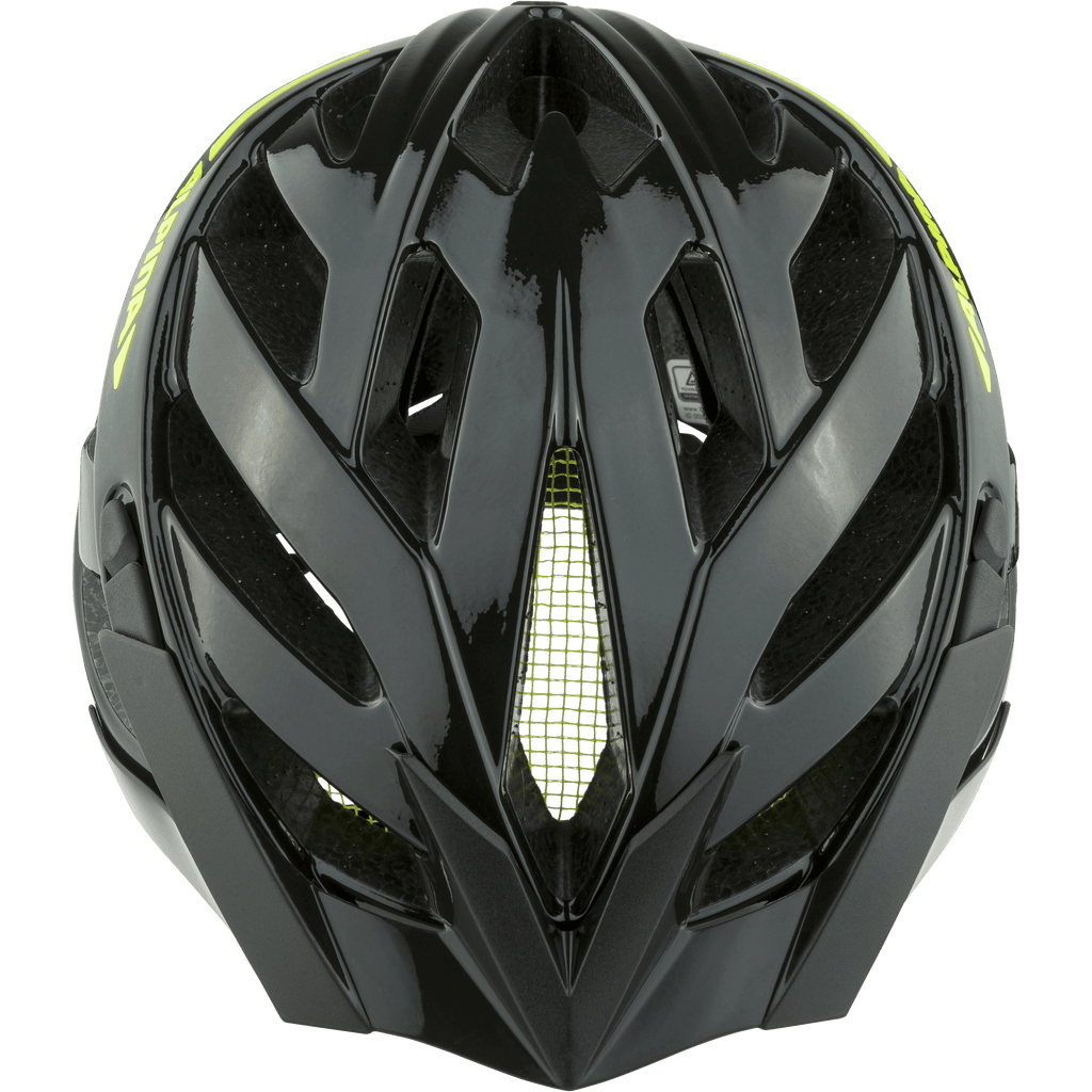 Der Alpina Panoma 3.0 von Alpina ist ein schwarzer Fahrradhelm mit kantigen Belüftungsöffnungen und gelben Mesh-Details (von oben). Er verfügt über eine robuste Inmold-Konstruktion für verbesserte Haltbarkeit und Sicherheit.