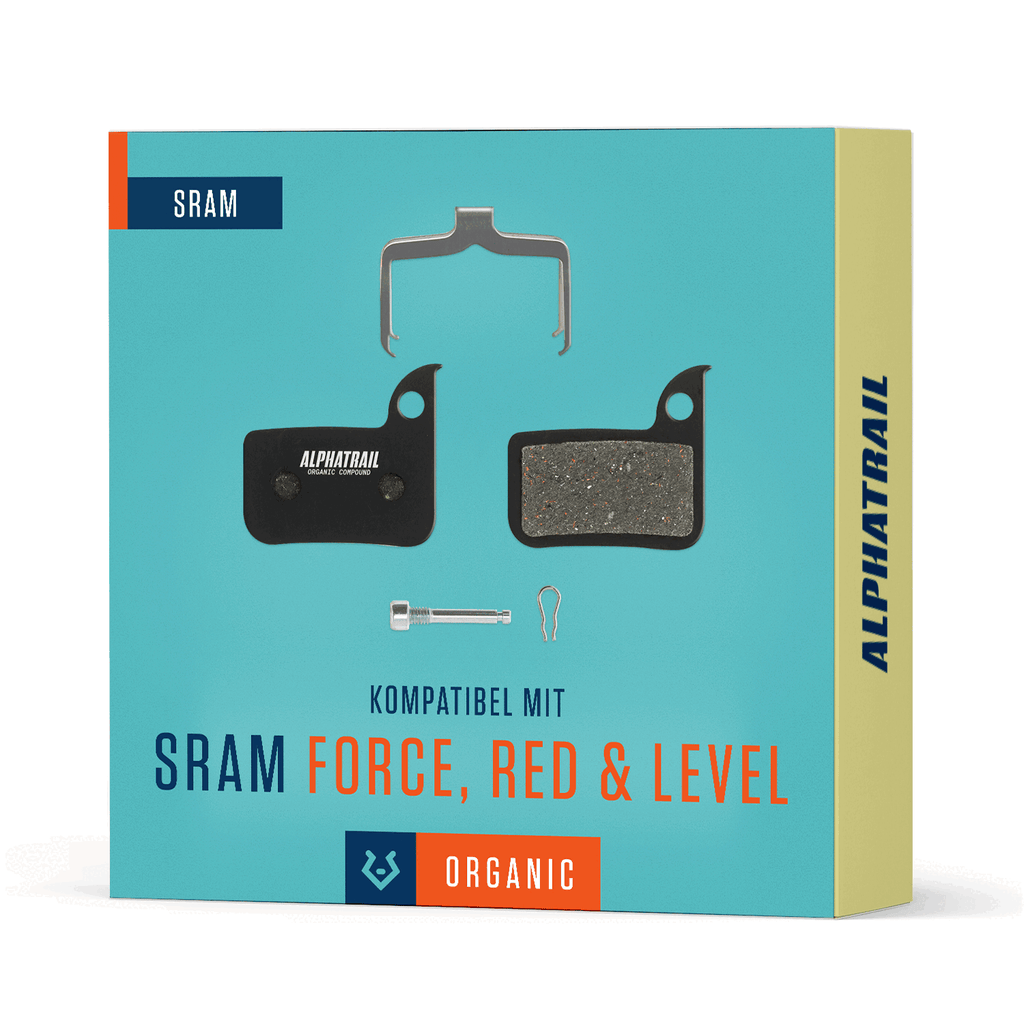 Die Alphatrail Bremsbeläge Hugo - SRAM Red (2 Stück) sind langlebige, organische Pads in einer blau-gelben Box. Sie kommen mit Feder, Bolzen und Splint und passen zu SRAM Force, Red und Level Rennrad Scheibenbremsen.