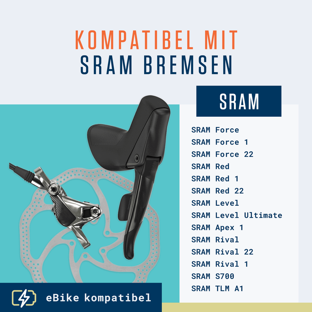Illustration zeigt langlebige Alphatrail Bremsbeläge Hugo - SRAM Red, kompatibel mit SRAM Red, Force, Level, Apex, Rival, S700 und TLM A1. Feinfühlig dosierbar und passend für organische Rennrad Disc Beläge von Alphatrail.