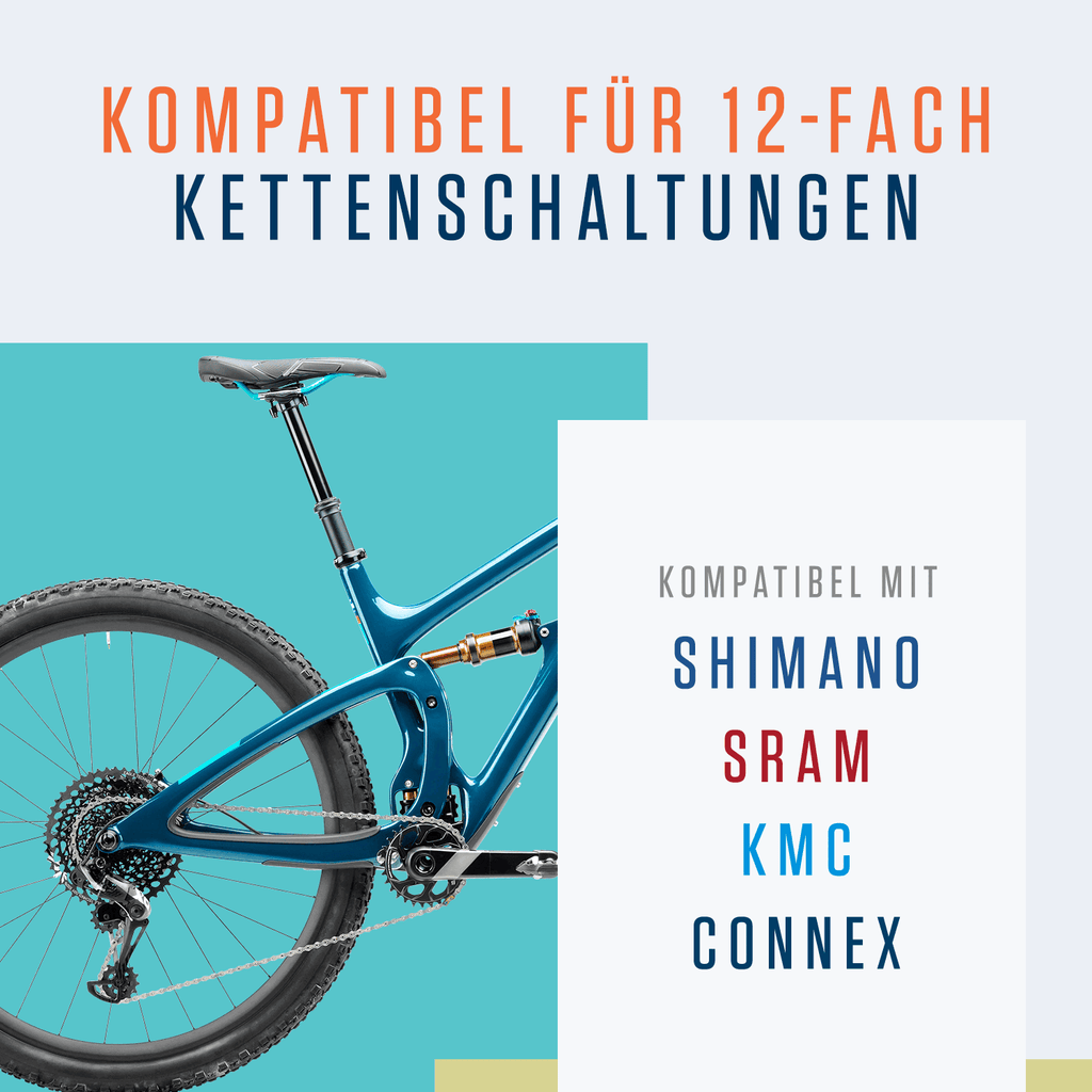 Ein blaues Mountainbike mit Fokus auf den Antrieb, mit der Alphatrail Kette Parker - 12-fach von Alphatrail und dem Text "Kompatibel für 12-fach Kettenschaltungen - passend für Shimano, SRAM, KMC und Connex Kette.