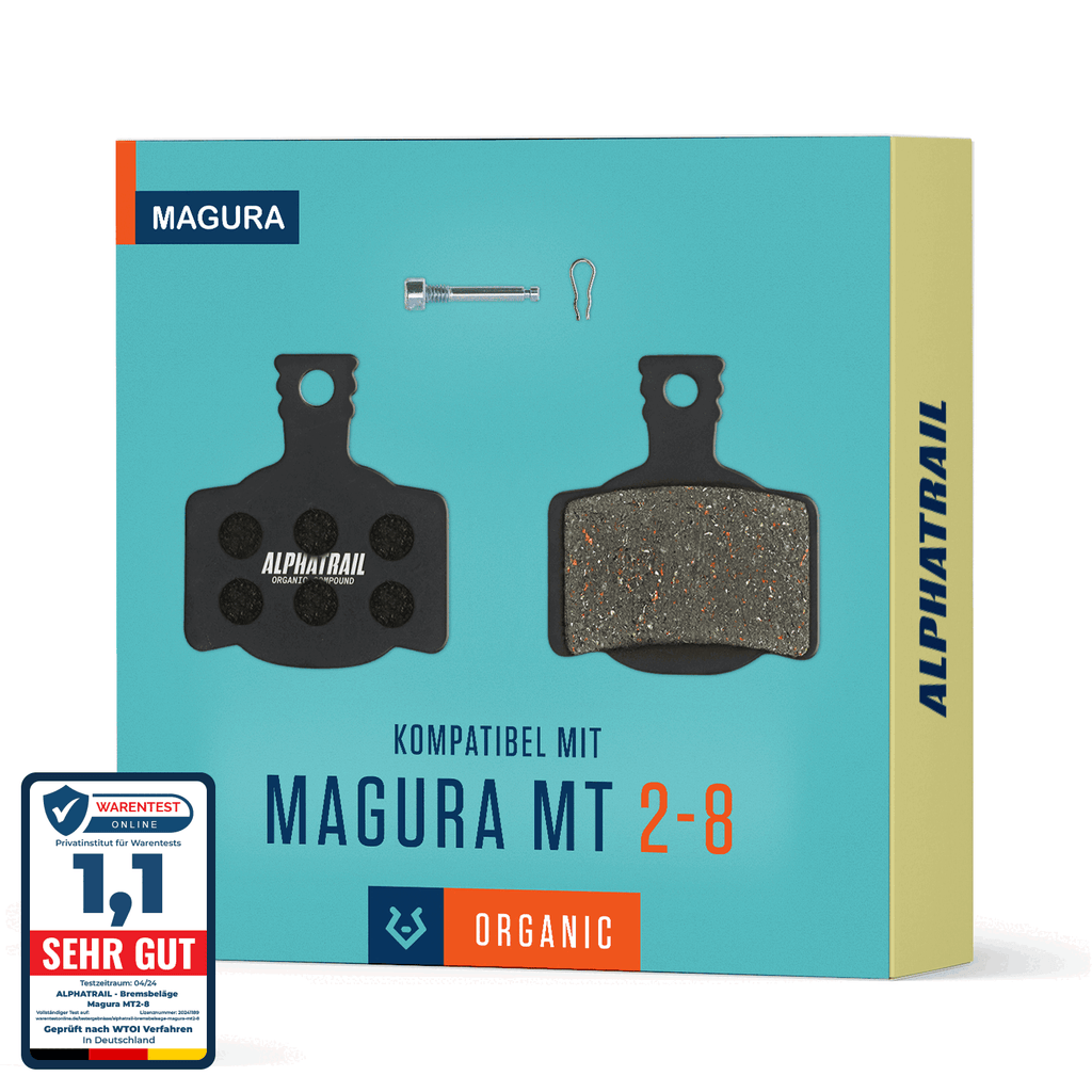 MT8. In der Verpackung befinden sich zwei Beläge, ein Haltestift und die Auszeichnung "Sehr Gut" eines deutschen Prüfinstituts.