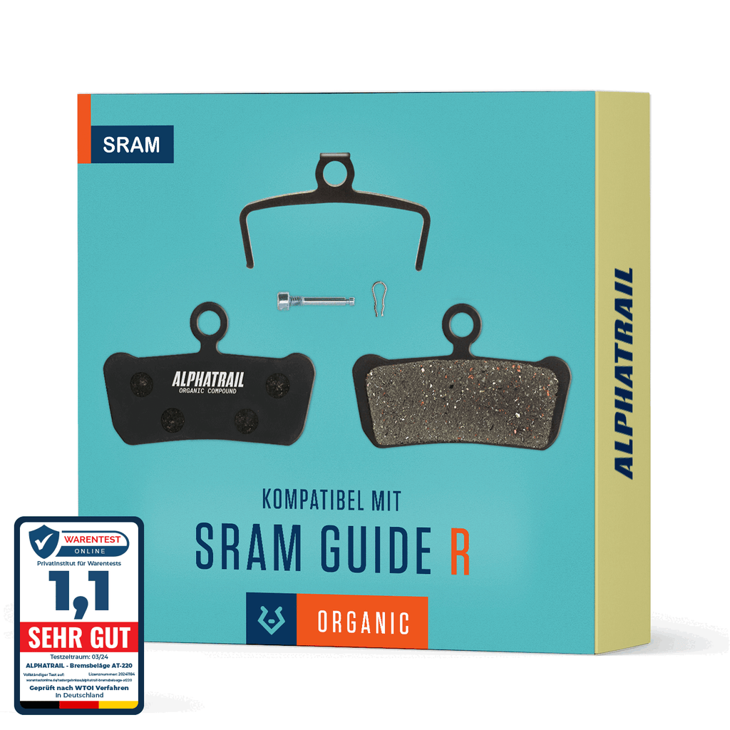 gelbe Verpackung mit einem Qualitätssiegel in der unteren linken Ecke. Kompatibel mit SRAM Guide R und Avid Trail Bremsen.