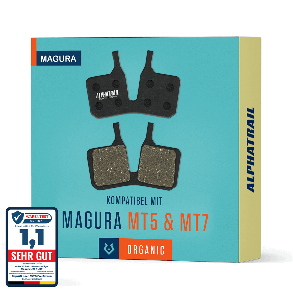 Die blau-gelbe Box für Alphatrail Bremsbeläge Hugo - Magura Typ 9 von Alphatrail zeigt zwei Bremsbeläge und ein "Sehr Gut"-Urteil von Warentest in der unteren linken Ecke.