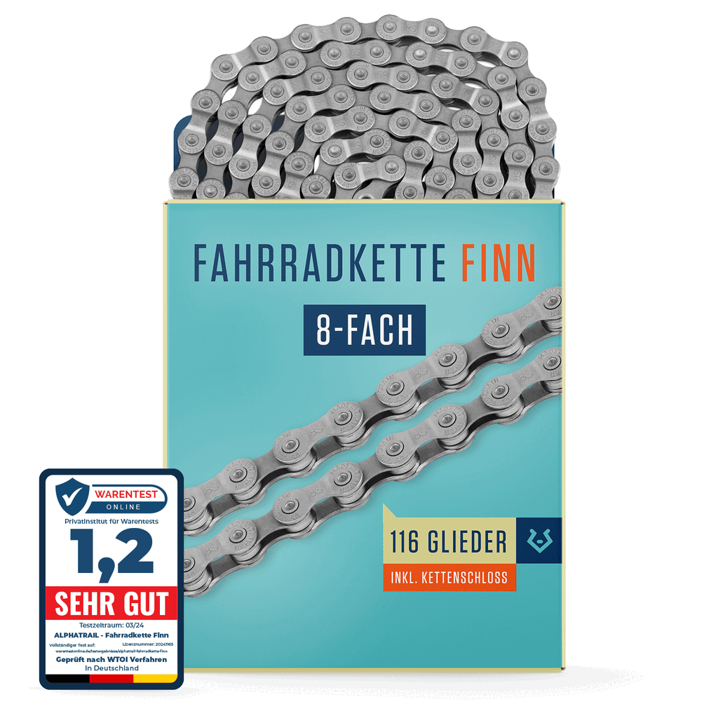 Eine verpackte Alphatrail Kette Finn - 8-fach von Alphatrail hat oben eine aufgerollte Kette und unten links eine rot-weiße Bewertungsplakette "1,2 SEHR GUT".