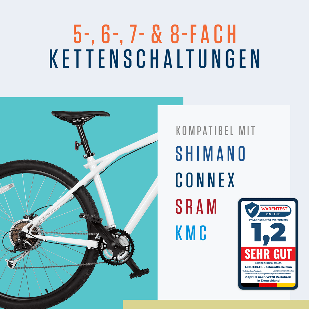 Abbildung des Hinterbaus eines weißen Fahrrads mit der Alphatrail Kette Finn - 8-fach, zeigt das Schaltsystem. Kompatibel mit 5, 6, 7 und 8-fach Kettenschaltungen. Logos: Shimano, Connex, SRAM, KMC & Anti-Rost-Garantie. Marke: Alphatrail.