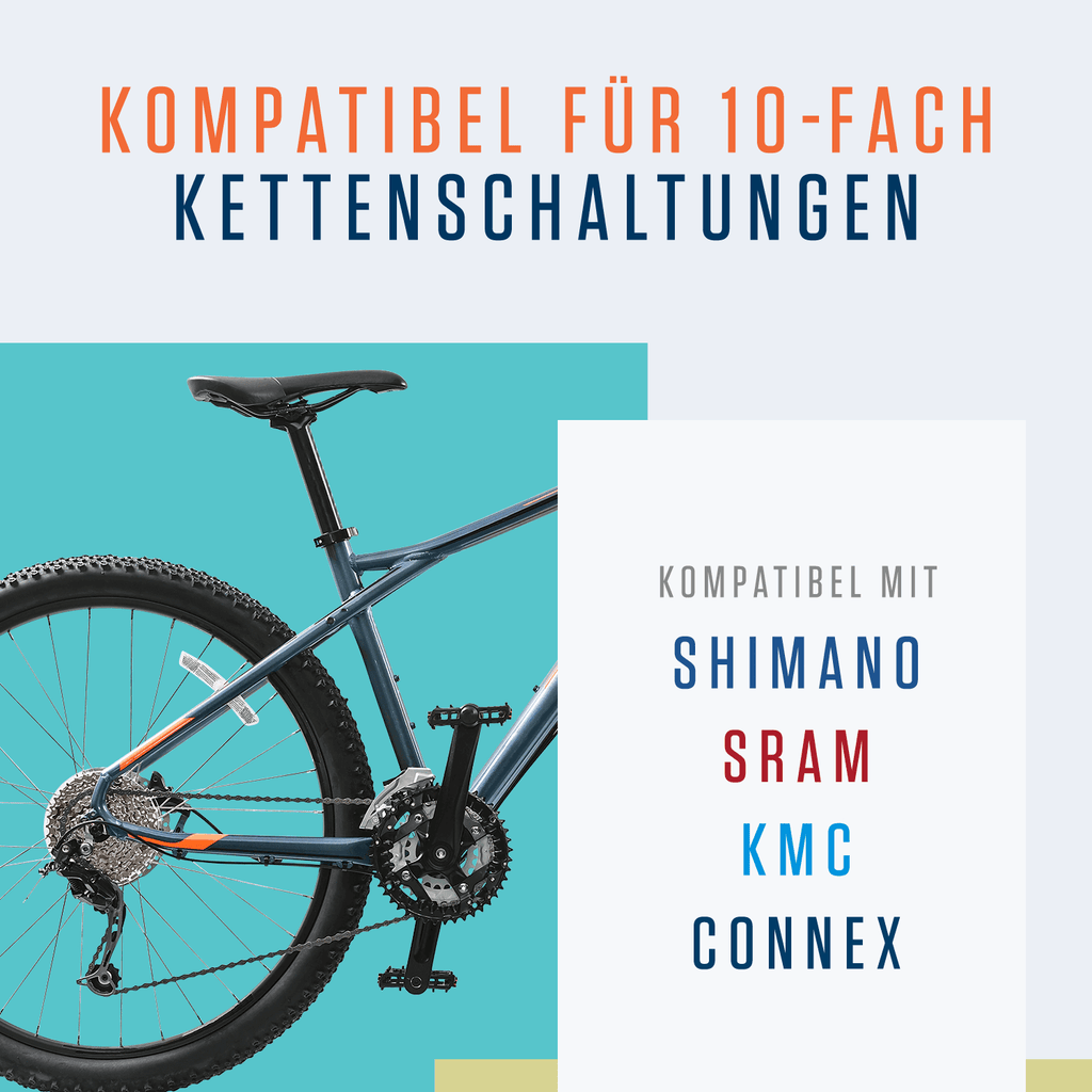 Eine Grafik eines blauen Fahrrads mit "Alphatrail Kette Parker - 10-fach" oben und "Kompatibel mit Shimano, SRAM, KMC, Connex" rechts. Marke: Alphatrail.