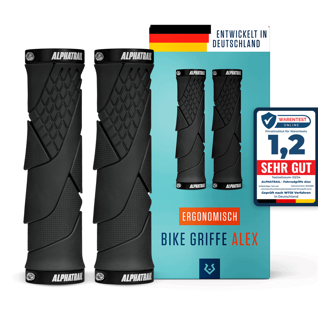 E-Bike Griffe sind neben ihrer farbenfrohen deutschen Verpackung abgebildet, die ein 1.2 "Sehr Gut" Qualitätssiegel aufweist. Hergestellt von Alphatrail aus BPA-freiem Gummi mit einem Double-Lock-On-Design.