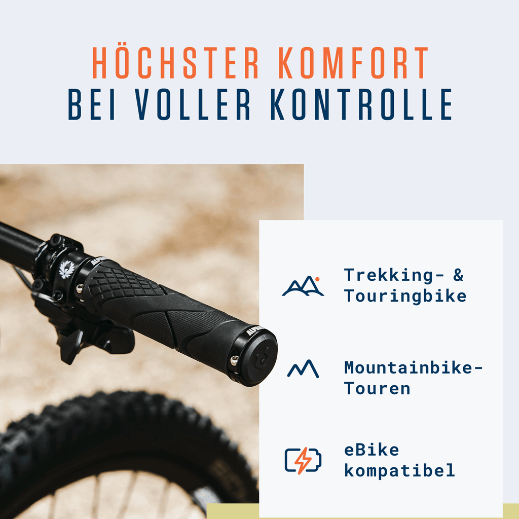 E-Bike Griffe, Trekking- & Tourenrad, Double-Lock-On. Fettgedruckte Überschrift: "Höchster Komfort bei voller Kontrolle.
