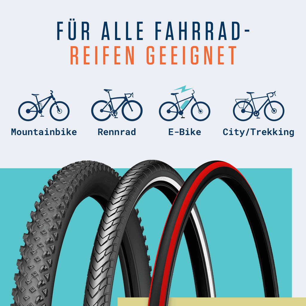 Trekkingbike über drei Reifentypen mit dem Text "Für alle Fahrradreifen geeignet". Highlights Alphatrail Reifenheber Oscar-ergonomischer Reifenheber mit Aluminiumkern von Alphatrail.