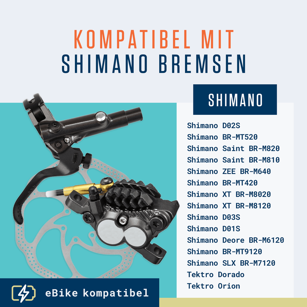 Infografik für Alphatrail Bremsbeläge Hugo - Shimano D02S; zeigt Bremshebel, Bremssattel, und Liste der kompatiblen Shimano Modelle. "Kompatibel mit Shimano Bremsen" toppt das Grafik-Ideal für Downhill & Bikepark, eBike-kompatibel Logo unten. Marke: Alphatrail.