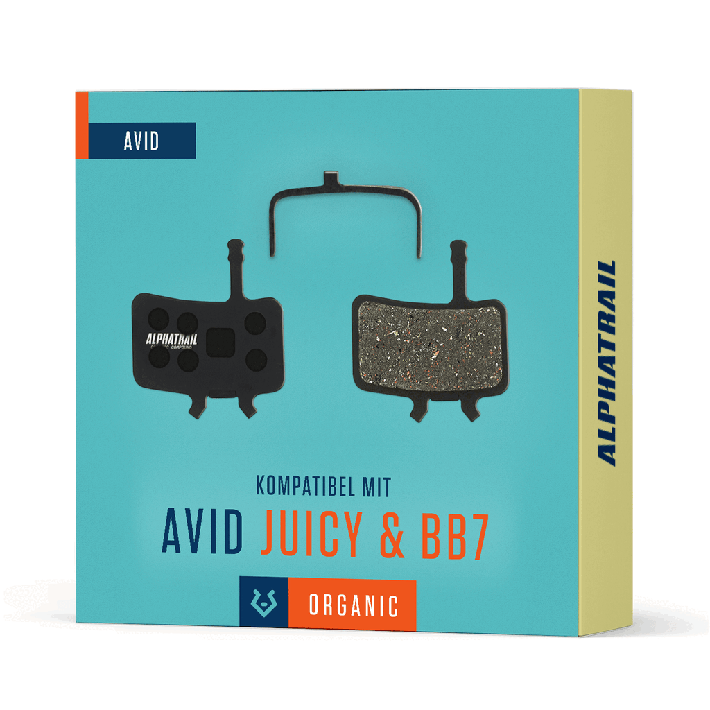 BB7 kommen in einer blau-gelben "ALPHATRAIL"-Box mit zwei MTB-Scheibenbremsbelägen, einer Federklammer und "ORGANIC" auf der Verpackung. Ideal für Trekkingräder.