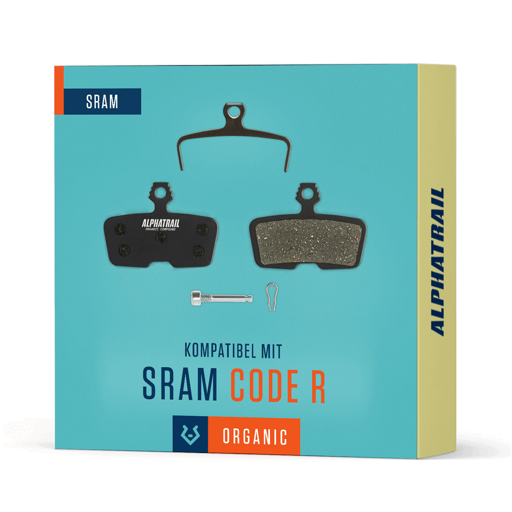Die Alphatrail Bremsbeläge Hugo - SRAM Code in der blau-gelben Alphatrail-Verpackung enthalten zwei organische MTB-Scheibenbeläge, Feder, Schraube und Splint - perfekt für E-Bike-Fahrer, die kompatible SRAM Code-Bremsbeläge suchen.